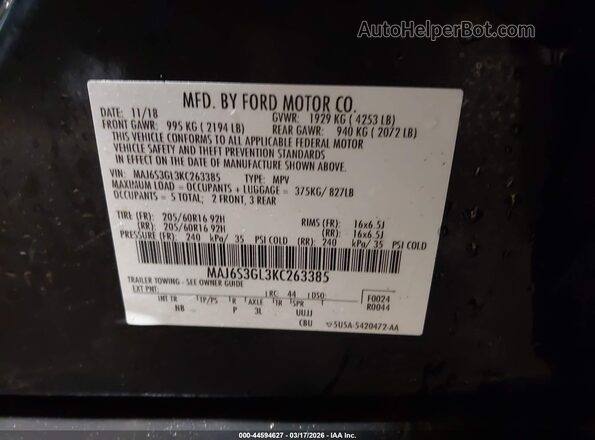 MAJ6S3GL3KC263385 2019 FORD ECOSPORT Черный Вид подкапотного пространства