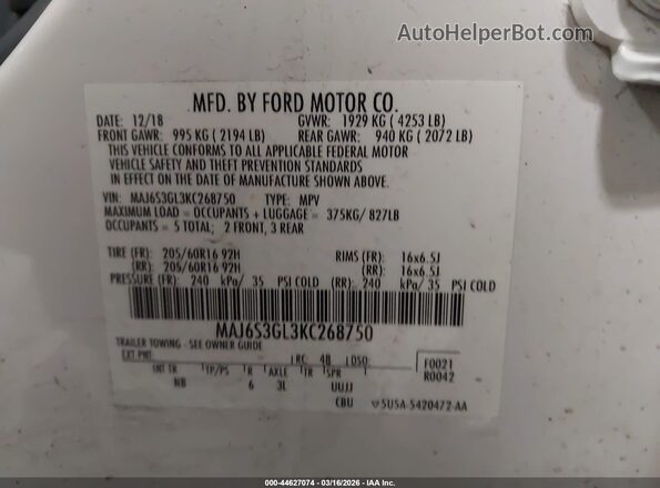 MAJ6S3GL3KC268750 2019 FORD ECOSPORT White Vista del compartimento del motor