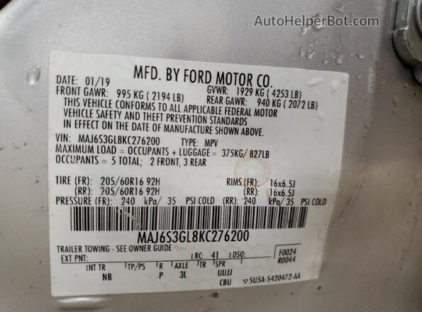 MAJ6S3GL8KC276200 2019 FORD ECOSPORT Silver Vista de la etiqueta del VIN