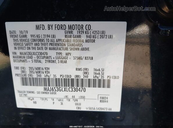 MAJ6S3GLXLC330470 2020 FORD ECOSPORT Black ძრავის განყოფილების ხედი