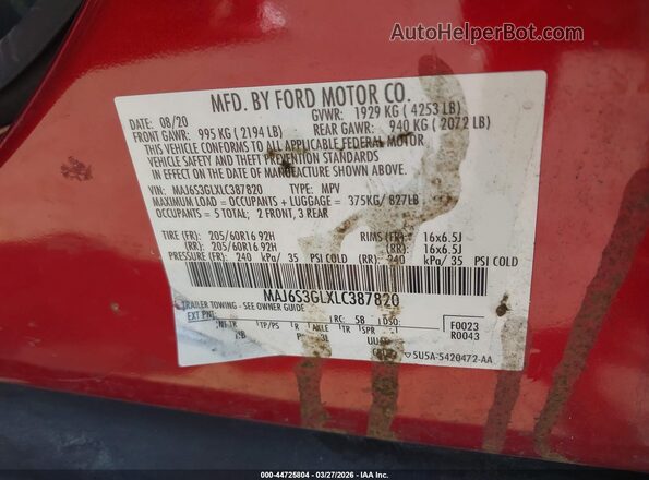 MAJ6S3GLXLC387820 2020 FORD ECOSPORT Red Вид підкапотного простору