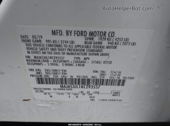 MAJ6S3JL1KC293557 2019 FORD ECOSPORT White Vista del compartimento del motor