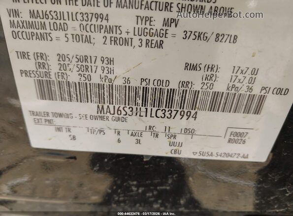 MAJ6S3JL1LC337994 2020 FORD ECOSPORT Черный Вид подкапотного пространства