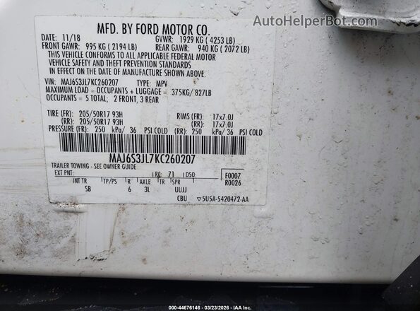MAJ6S3JL7KC260207 2019 FORD ECOSPORT White Vista del compartimento del motor
