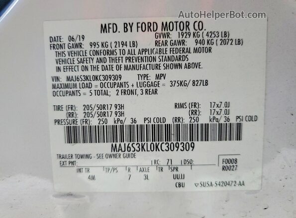 MAJ6S3KL0KC309309 2019 FORD ECOSPORT White Widok naklejki z numerem VIN