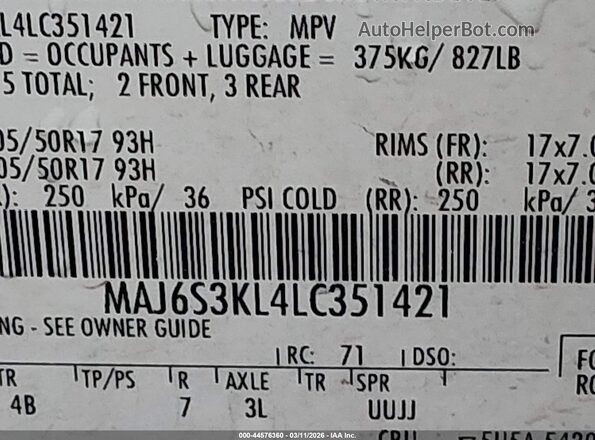 MAJ6S3KL4LC351421 2020 FORD ECOSPORT Белый Вид подкапотного пространства