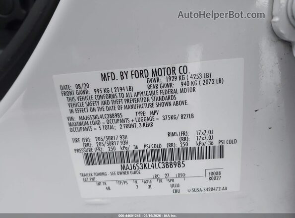 MAJ6S3KL4LC388985 2020 FORD ECOSPORT White Vista del compartimento del motor