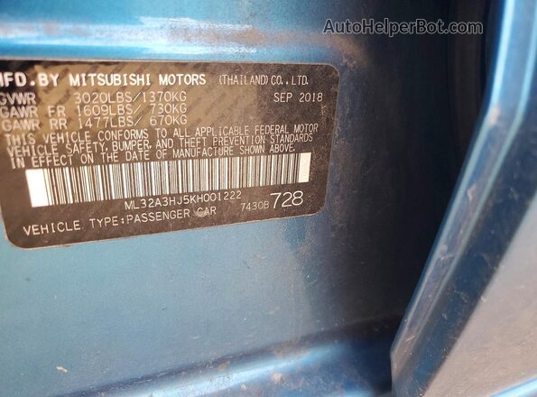 ML32A3HJ5KH001222 2019 MITSUBISHI MIRAGE Синий Вид подкапотного пространства