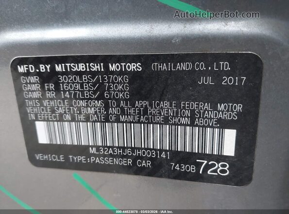 ML32A3HJ6JH003141 2018 MITSUBISHI MIRAGE Серебряный Вид подкапотного пространства