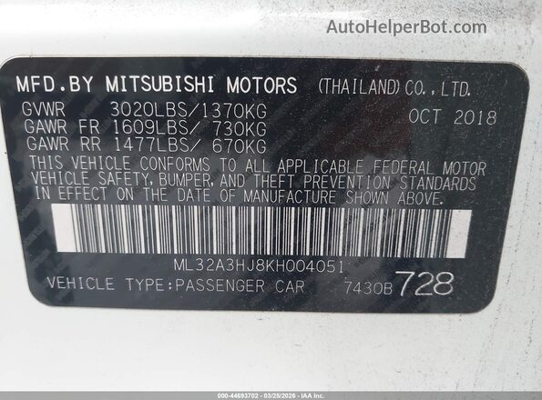 ML32A3HJ8KH004051 2019 MITSUBISHI MIRAGE Белый Вид подкапотного пространства