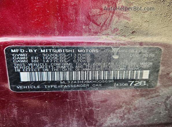 ML32A3HJ8KH005698 2019 MITSUBISHI MIRAGE Бордовый Вид подкапотного пространства
