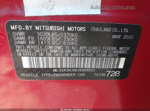 ML32A3HJ8LH009560 2020 MITSUBISHI MIRAGE Красный Вид подкапотного пространства