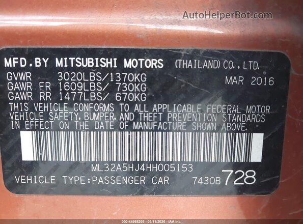 ML32A5HJ4HH005153 2017 MITSUBISHI MIRAGE Оранжевый Вид подкапотного пространства