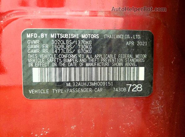 ML32AUHJ3MH009151 2021 MITSUBISHI MIRAGE Red VIN կոդի պիտակի տեսք