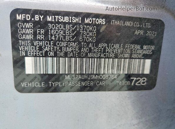 ML32AUHJ9MH008764 2021 MITSUBISHI MIRAGE Silver VIN կոդի պիտակի տեսք
