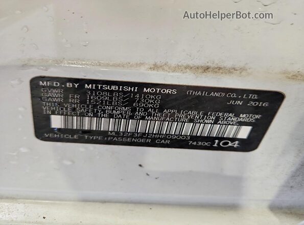 ML32F3FJ2HHF09003 2017 MITSUBISHI MIRAGE Белый Вид подкапотного пространства