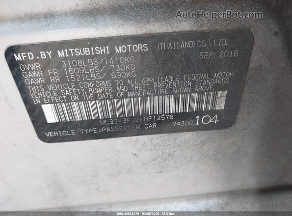 ML32F3FJ2HHF12578 2017 MITSUBISHI MIRAGE G4 Серебряный Вид подкапотного пространства