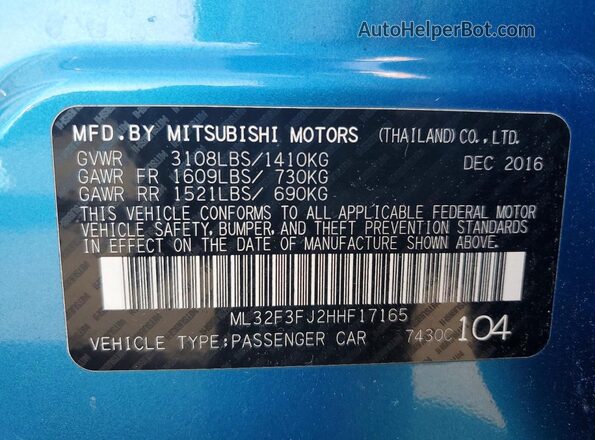 ML32F3FJ2HHF17165 2017 MITSUBISHI MIRAGE Синий Вид наклейки с VIN-кодом