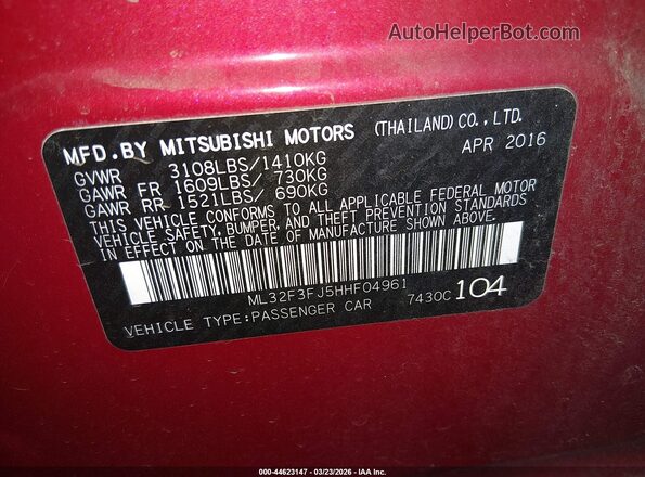 ML32F3FJ5HHF04961 2017 MITSUBISHI MIRAGE G4 Красный Вид подкапотного пространства