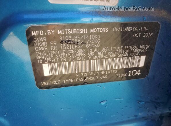 ML32F3FJ7HHF14763 2017 MITSUBISHI MIRAGE Blue Vista del compartimento del motor