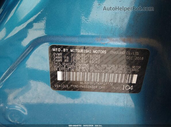 ML32F3FJ7KHF07772 2019 MITSUBISHI MIRAGE G4 Blue Vista del compartimento del motor