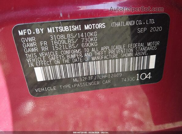 ML32F3FJ7LHF12889 2020 MITSUBISHI MIRAGE G4 Бордовый Вид подкапотного пространства