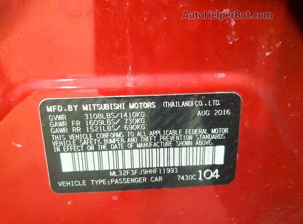 ML32F3FJ9HHF11993 2017 MITSUBISHI MIRAGE Красный Вид наклейки с VIN-кодом