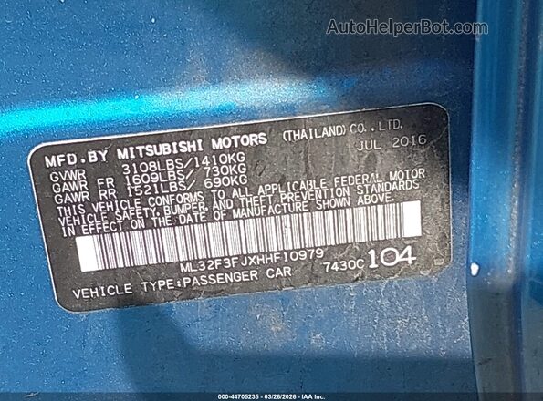 ML32F3FJXHHF10979 2017 MITSUBISHI MIRAGE G4 Blue Widok komory silnika