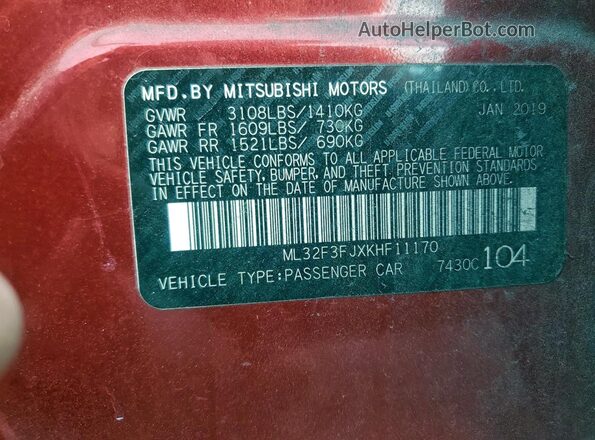 ML32F3FJXKHF11170 2019 MITSUBISHI MIRAGE Red Vista de la etiqueta del VIN