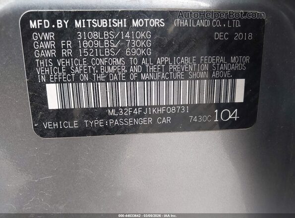 ML32F4FJ1KHF08731 2019 MITSUBISHI MIRAGE G4 Серый Вид подкапотного пространства