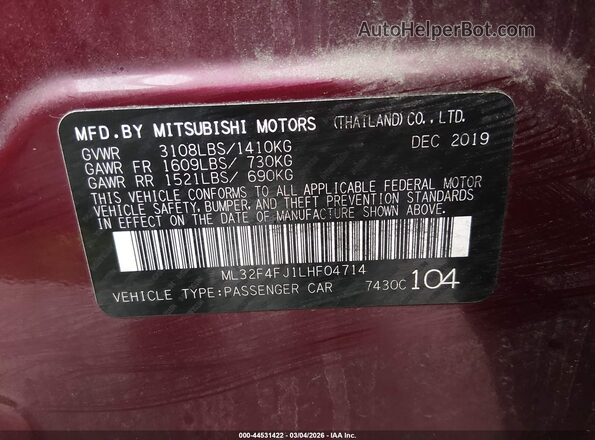 ML32F4FJ1LHF04714 2020 MITSUBISHI MIRAGE G4 Burgundy Widok komory silnika