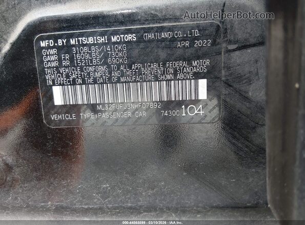 ML32FUFJ3NHF07892 2022 MITSUBISHI MIRAGE G4 Black Vista del compartimento del motor