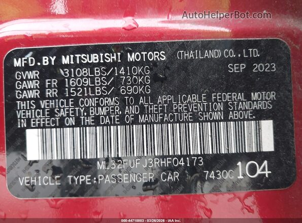 ML32FUFJ3RHF04173 2024 MITSUBISHI MIRAGE G4 Красный Вид подкапотного пространства