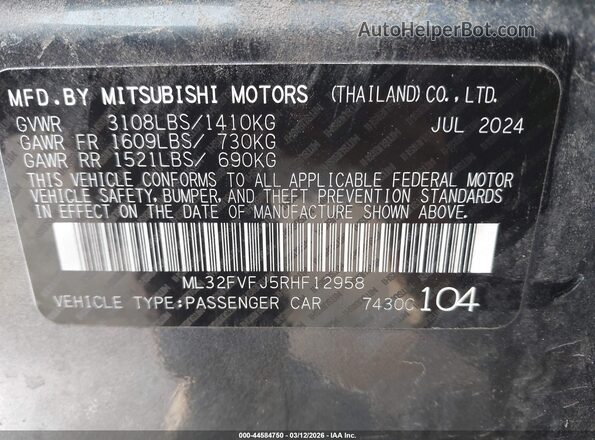 ML32FVFJ5RHF12958 2024 MITSUBISHI MIRAGE G4 Gray Вид підкапотного простору