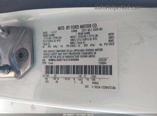 NM0LS6E70J1359986 2018 FORD TRANSIT CONNECT White Engine compartment view