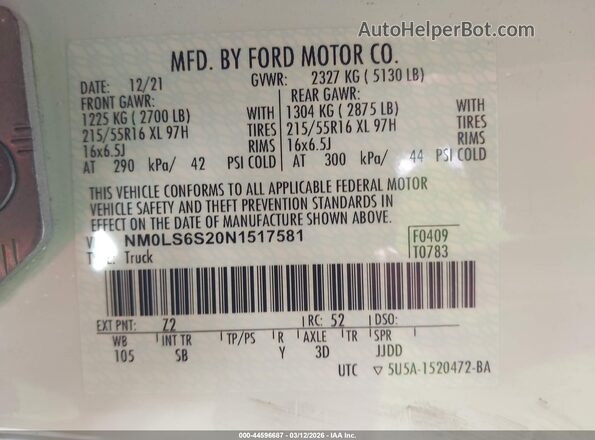 NM0LS6S20N1517581 2022 FORD TRANSIT CONNECT Белый Вид подкапотного пространства