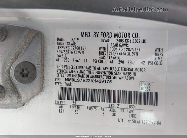 NM0LS7E22K1429175 2019 FORD TRANSIT CONNECT White ძრავის განყოფილების ხედი