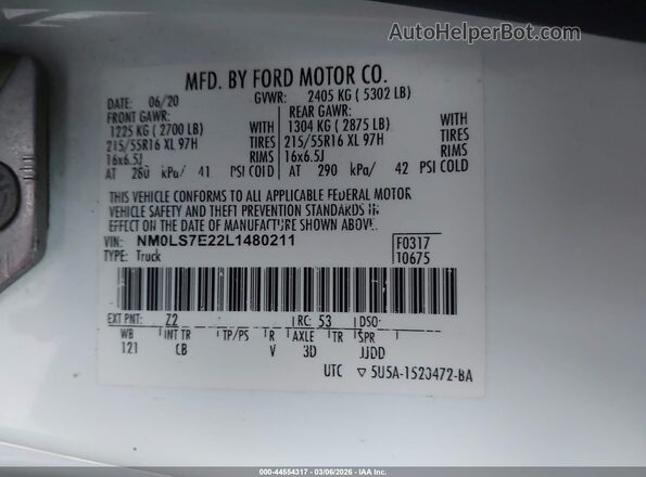 NM0LS7E22L1480211 2020 FORD TRANSIT CONNECT Белый Вид подкапотного пространства