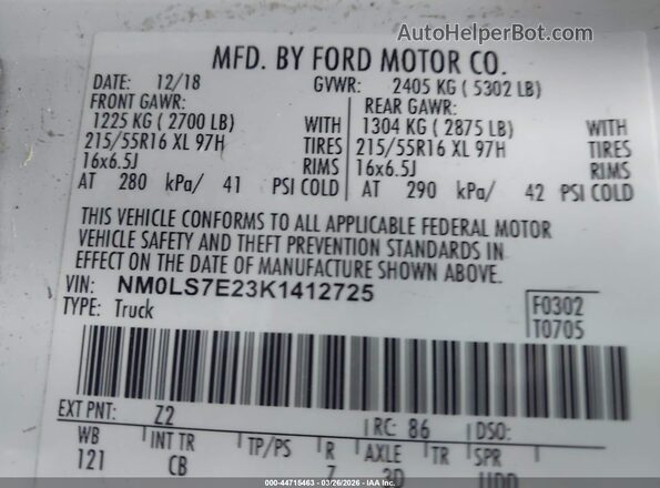 NM0LS7E23K1412725 2019 FORD TRANSIT CONNECT Белый Вид подкапотного пространства