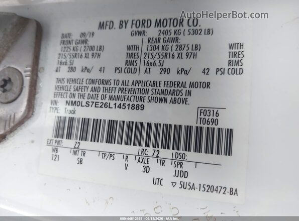 NM0LS7E26L1451889 2020 FORD TRANSIT CONNECT White Widok komory silnika