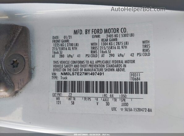 NM0LS7E27M1497491 2021 FORD TRANSIT CONNECT White Widok komory silnika