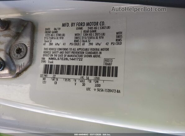 NM0LS7E28L1441722 2020 FORD TRANSIT CONNECT Белый Вид подкапотного пространства