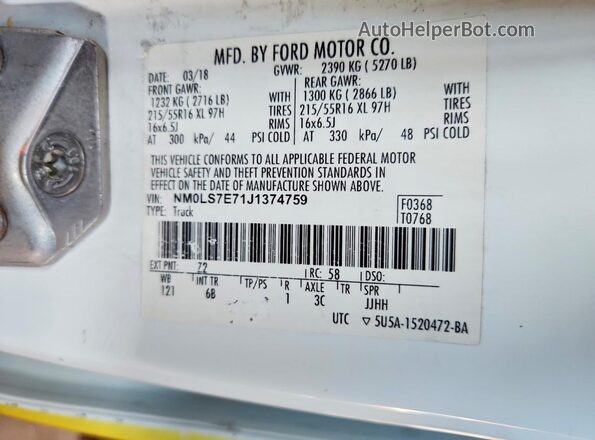 NM0LS7E71J1374759 2018 FORD TRANSIT Желтый Вид наклейки с VIN-кодом