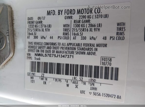 NM0LS7E75J1347371 2018 FORD TRANSIT CONNECT Белый Вид подкапотного пространства