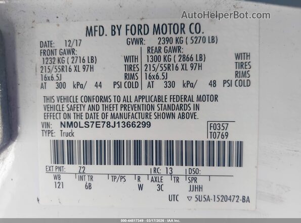 NM0LS7E78J1366299 2018 FORD TRANSIT CONNECT Белый Вид подкапотного пространства