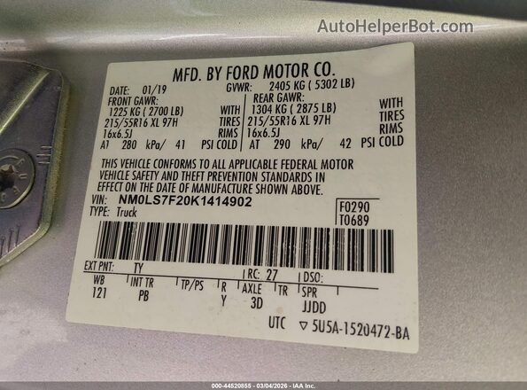 NM0LS7F20K1414902 2019 FORD TRANSIT CONNECT White Вид підкапотного простору