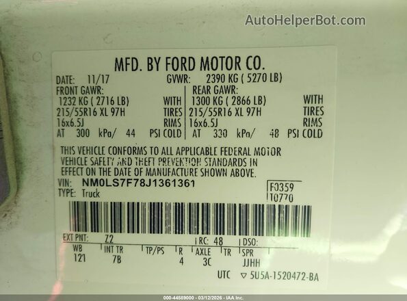 NM0LS7F78J1361361 2018 FORD TRANSIT CONNECT White Vista del compartimento del motor