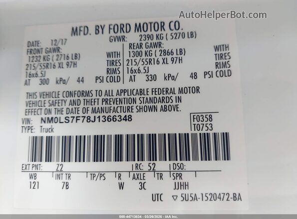 NM0LS7F78J1366348 2018 FORD TRANSIT CONNECT White Engine compartment view