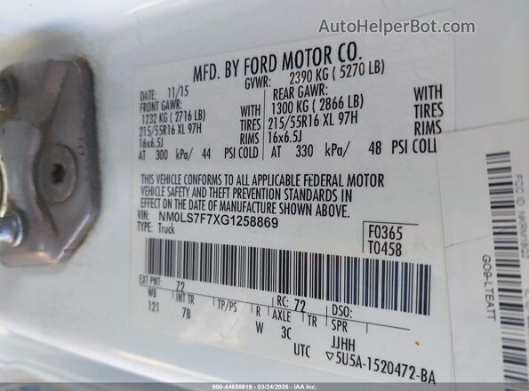 NM0LS7F7XG1258869 2016 FORD TRANSIT CONNECT White Vista del compartimento del motor