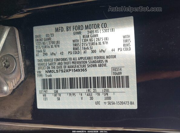 NM0LS7S2XP1549365 2023 FORD TRANSIT CONNECT Черный Вид наклейки с VIN-кодом